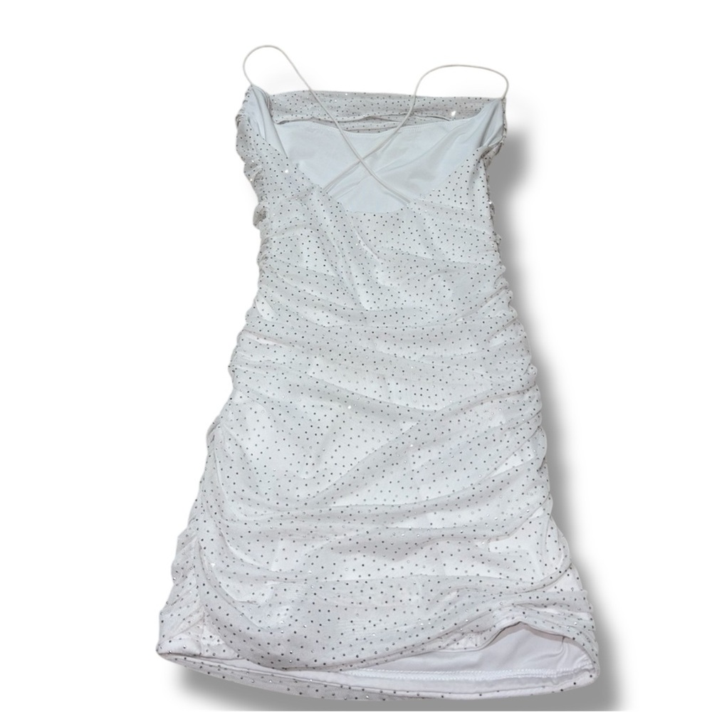 White Ruched Form Fitting Rhinestone Sparkle Mini Dress - Picture 3 of 5